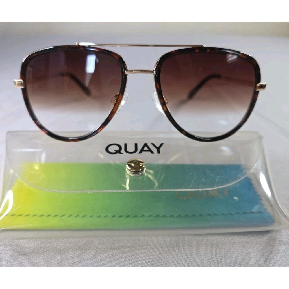 QUAY Australia "All In" Aviator Sunglasses – Tortoise Shell & Gold Frame W/ Case - Picture 2 of 16
